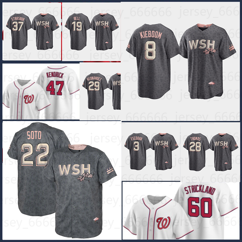 

22 Juan Soto Nationals Carter Kieboom Washington Josh Bell Riley Adams Nelson Cruz Stephen Strasburg Cherry Blossom City Connect Baseball Jersey Alcides Escobar, Custom cool base men jersey