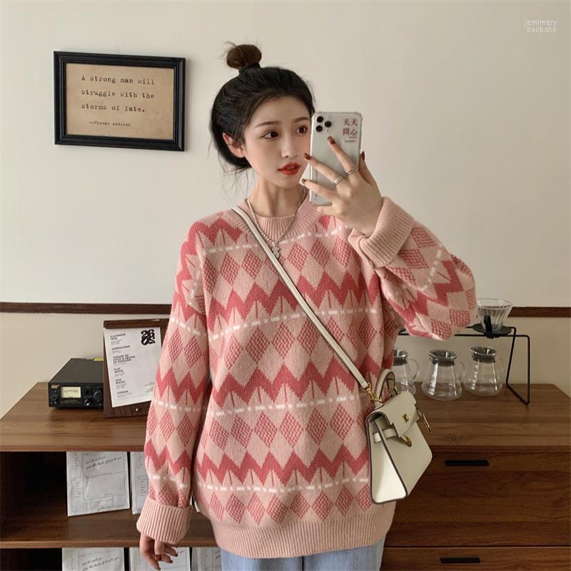 

Women's Sweaters Japanese Vintage O-neck Casual Chic Korean Style Loose Diamond Check Female Sweet Pullovers For Women Jemi22, Pink