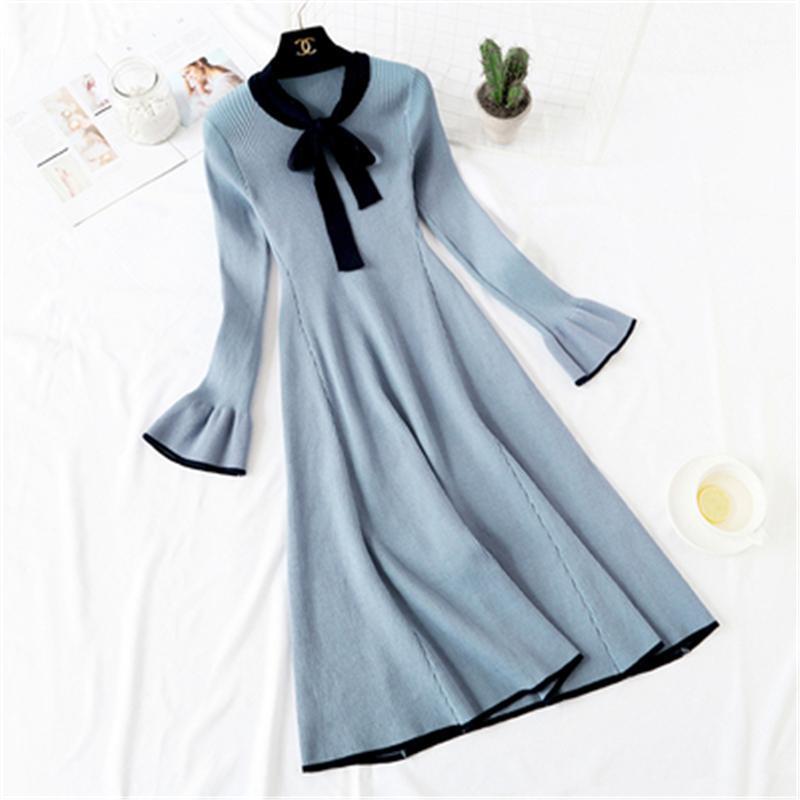 

Women's Sweaters Knit Sweater Dress Flare Sleeve Spring Autumn Female Dresses Vintage Slim Ladies Bow Elegant Women T755, Beige
