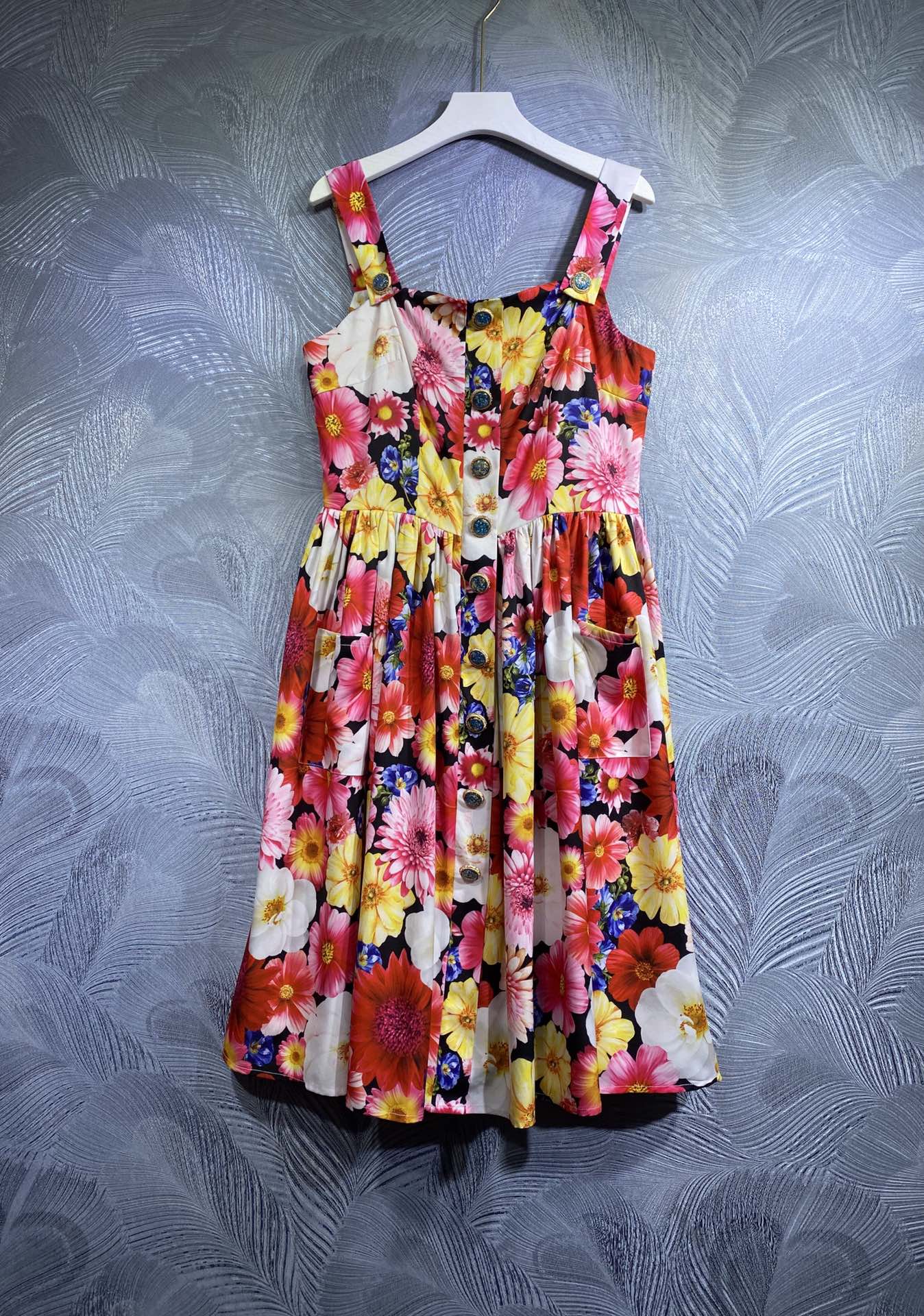 

Milan fashion long printed cotton dress suspender pocket dress, Multi