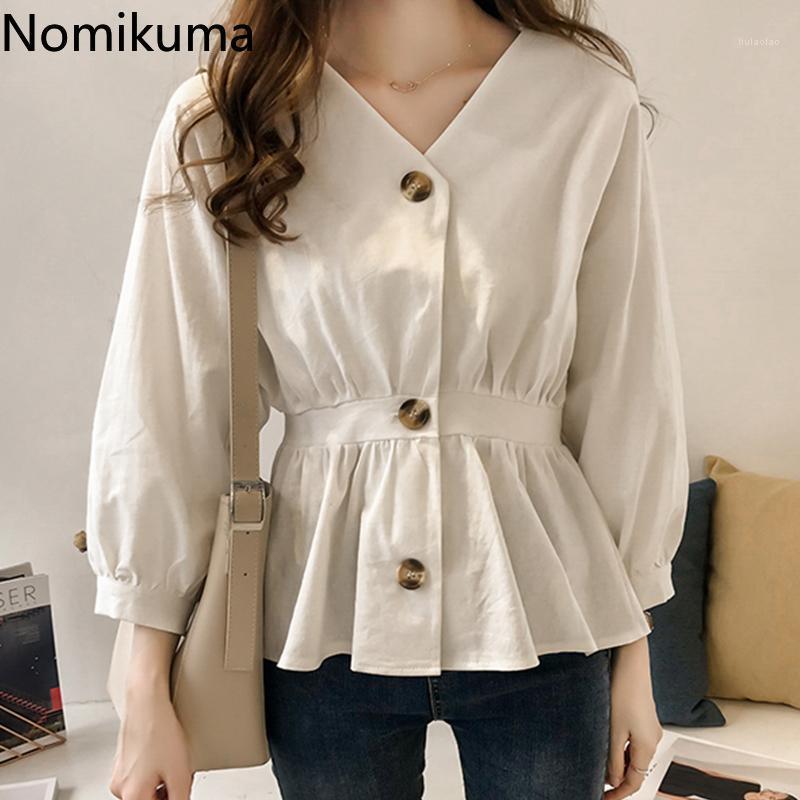

Nomikuma Vintage Fashion Solid Color V Neck Long Sleeve Blouse Women Single Breasted Slim Waist Tops 2022 Shirts Blusa 3a229 Women' Blouses, Black blouse