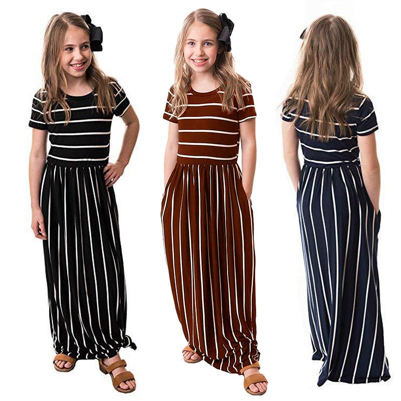 

Girl's Dresses Girls Striped Long Dress Teenager Beach Party Bohemia Maxi With Pocket Kids Casual Sundress Outfits Beachwear For ChildrenGir, Green