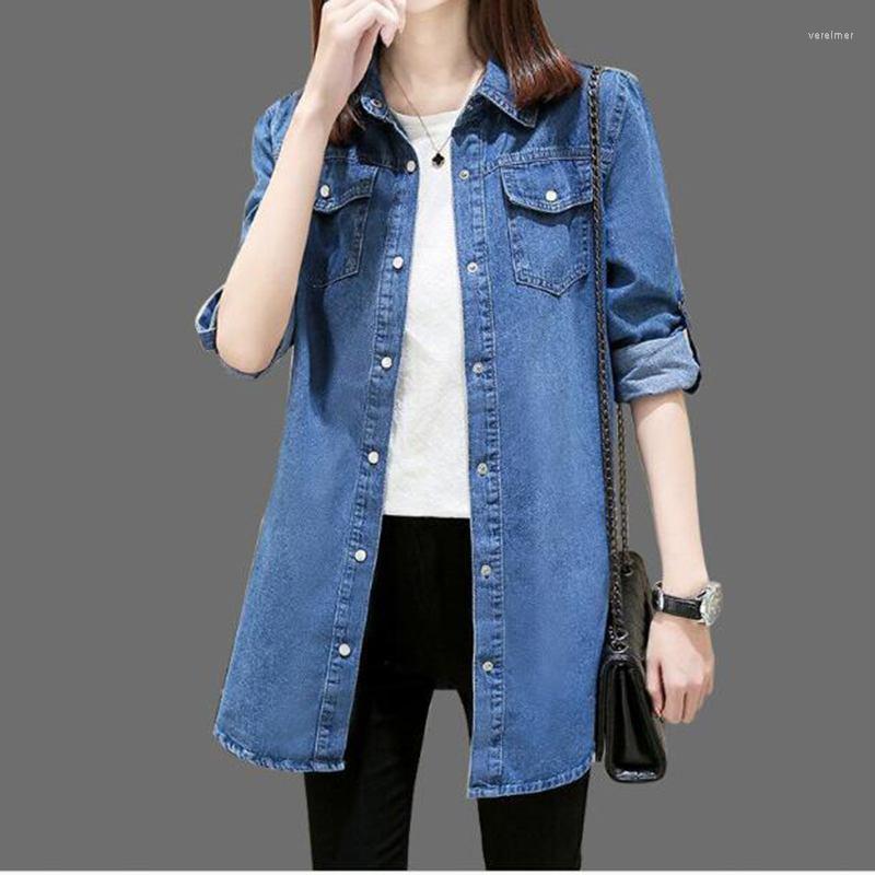 

Women' Blouses & Shirts Spring Fashion Woman Jeans Korean Style Roll Up Long Sleeves Female Denim Blouse Plus Size Slim-fit Cardigans AC635, Royal blue