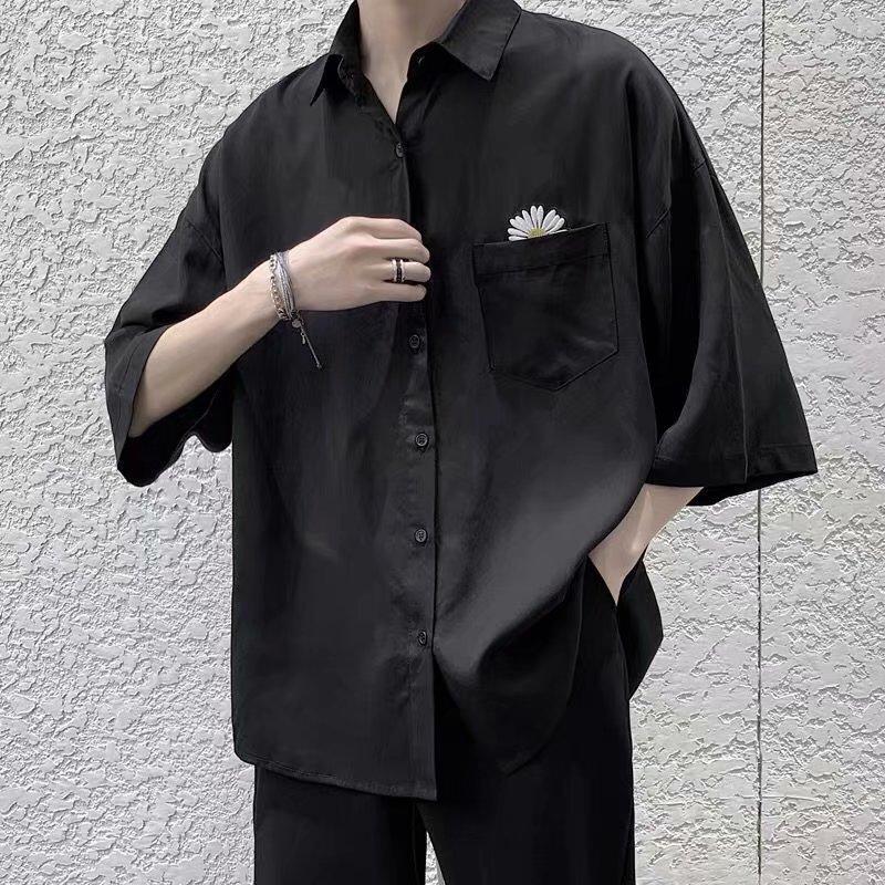

Daisy Flower Print Black White Shirts Short Sleeve Beach Streetwear Hawaiian Men Casual Harajuku Aloha Shirt For Men's