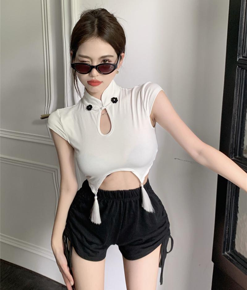 

Women's Blouses & Shirts Chic Chinese Traditional Style Crop Top Sexy Backless Hollow Blouse Vintage Irregular Tassel Women Summer Fashion C, Black