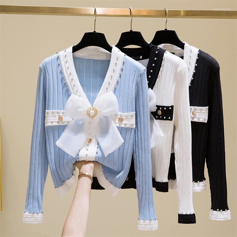

Women's Knits & Tees Temperament Sweet Cute Bow Knot Diamond Beaded Cardigan Sweater Women V-neck Long Sleeve Autumn Open Stitch Knitted Jac, Sky blue