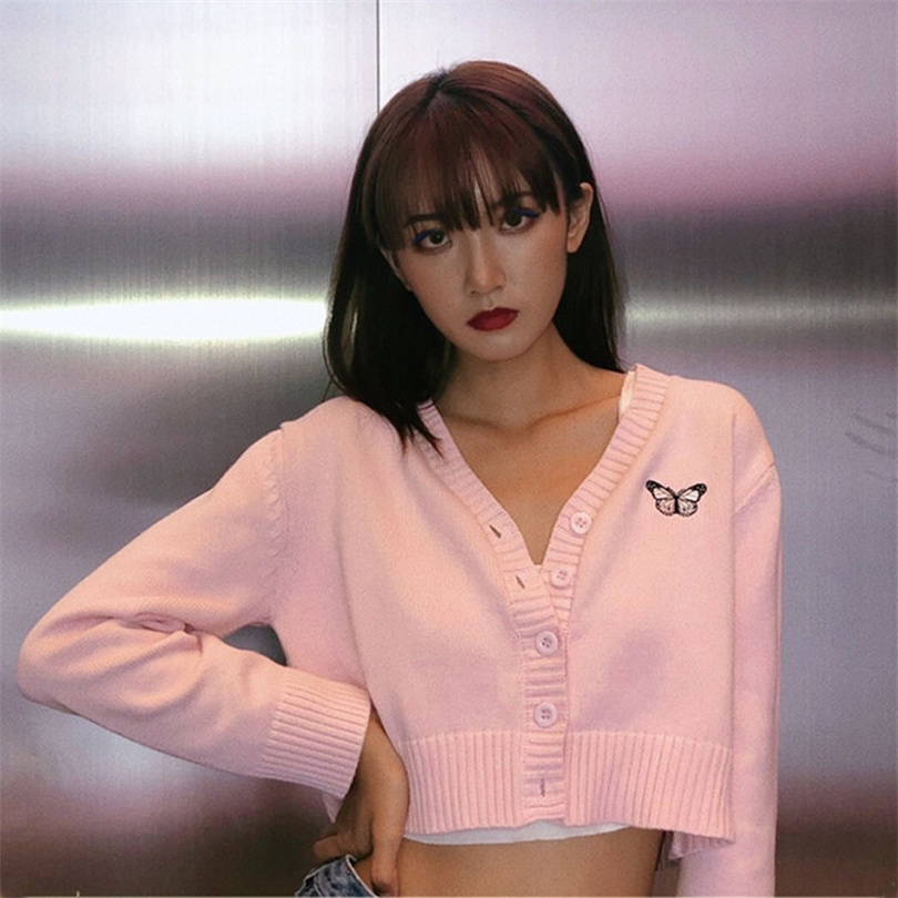 

Women V Neck Embroidery Butterfly Crop Knit Cardigan 210204, Pink