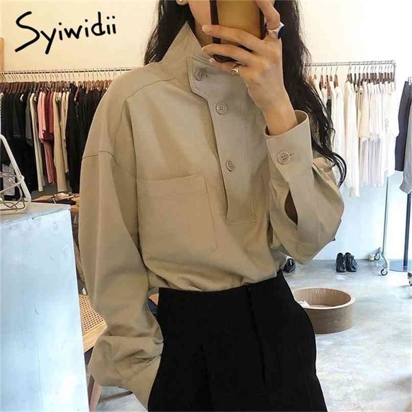 

Shirt and Blouse Vintage Fall Women Tops Korean Fashion Clothing Solid Skew Collar Lantern Sleeve Black Khaki 210607
