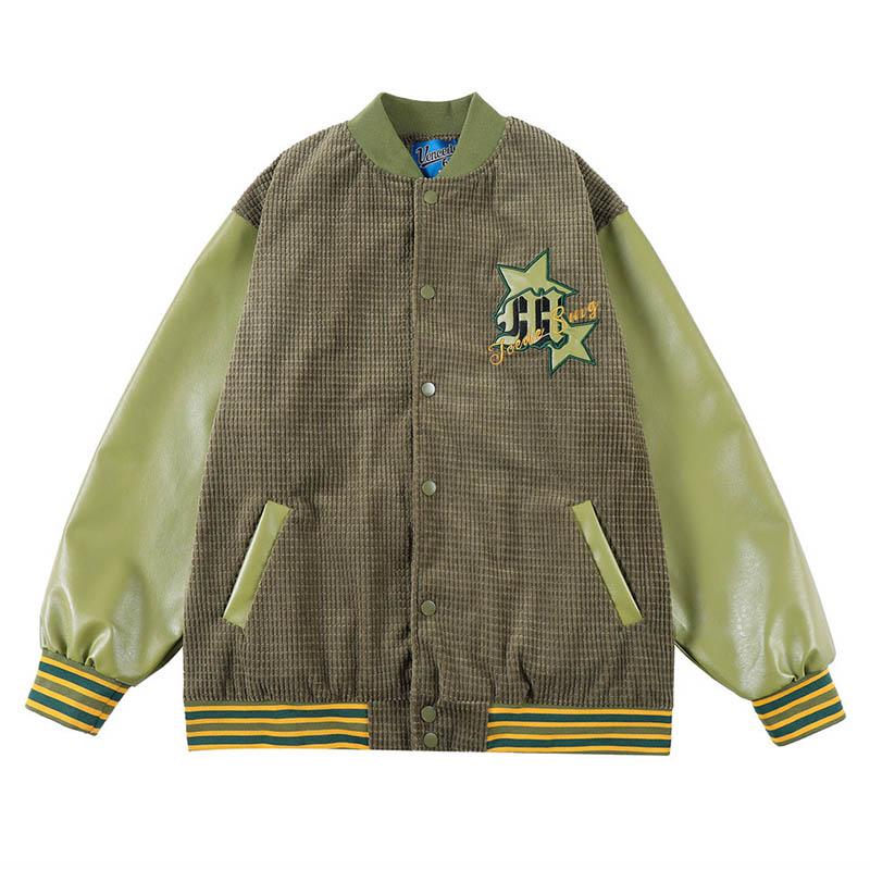 

Men's Jackets Hip Hop Star Embroidery Casual Baseball Pu Sleeves Streetwear Outwear Tops For Male Sppring Autumn, Black