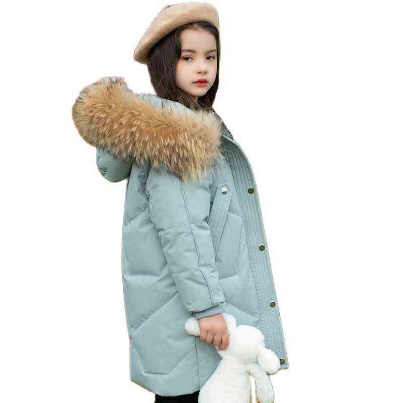 

2022 Winter Kids Overcoats Teenager Girls Clothes Fashion Warm Down Jacket For Young Children Real Fur Hoodie Outerwear Snowsuit J220718, Blue
