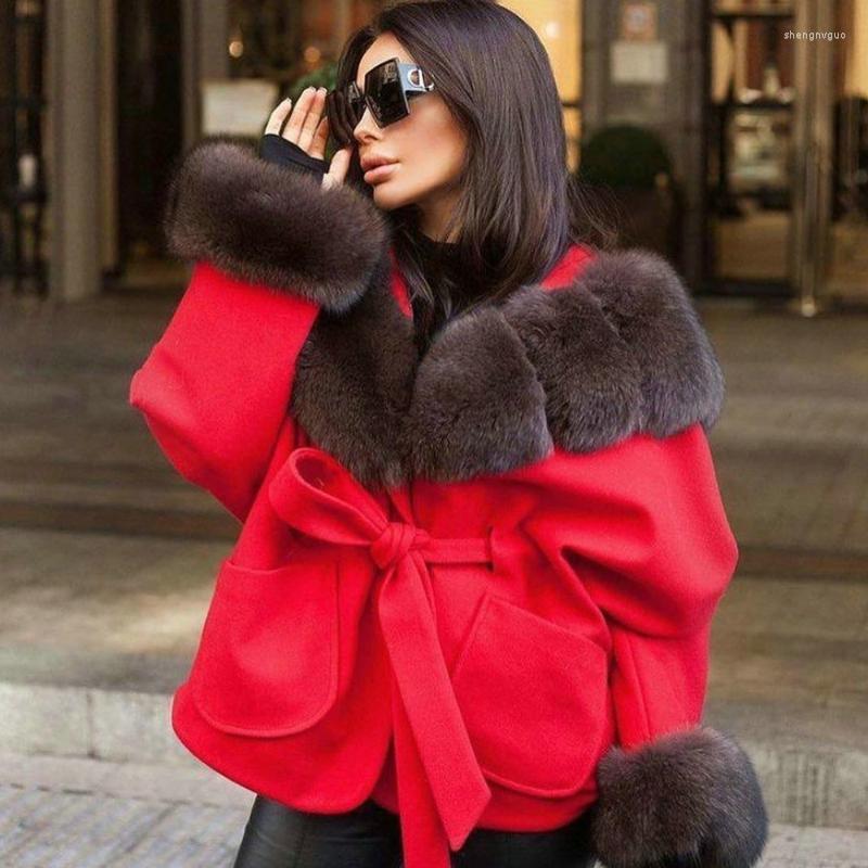 

Women's Fur & Faux Fashion Wool Blends Jackets With Hood Warm Outwear 2022 Winter Whole Skin Genuine Cashmere Coats Overcoats, Red