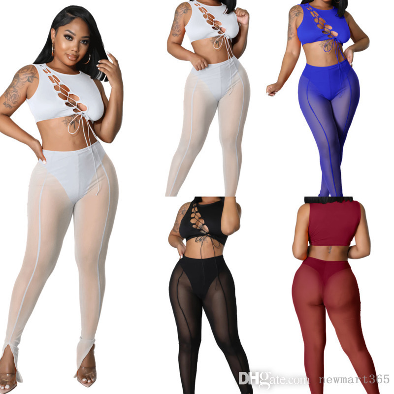 

2022 New Fashion Women two piece Pants Outfits Sexy Sleeveless tracksuits Hollow Out Bandage Mesh Perspective Tight Body Suit, Black
