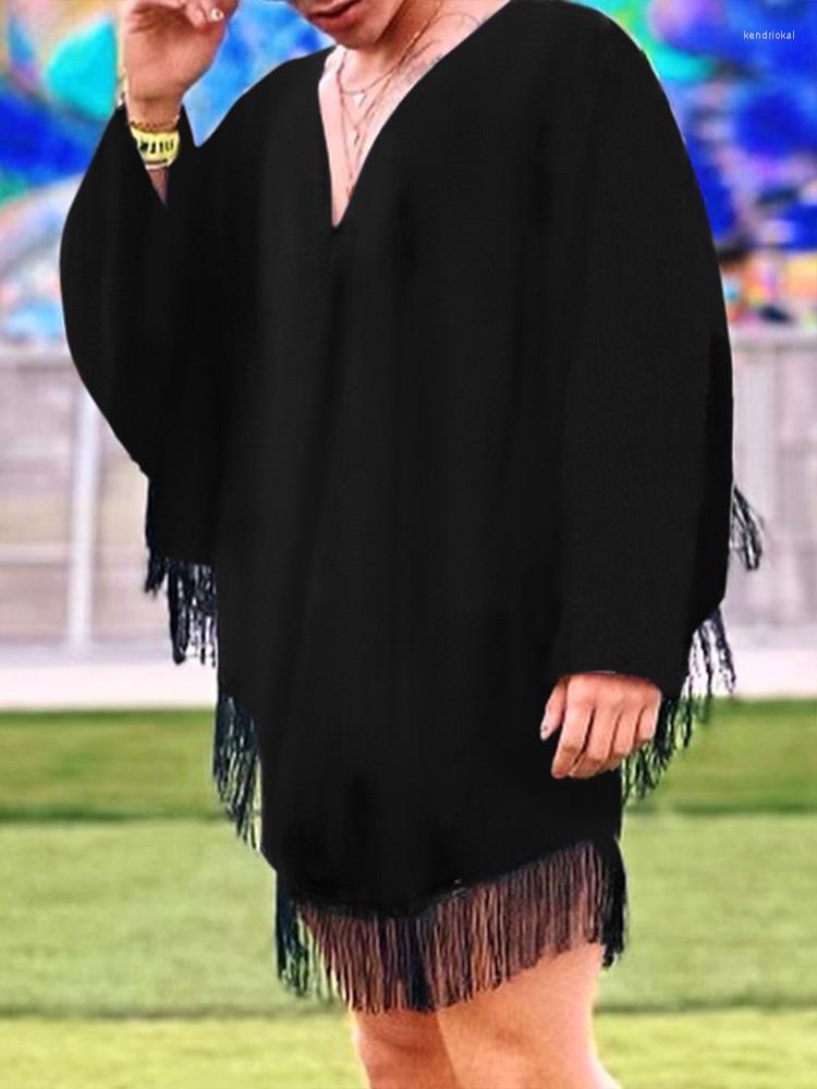 

Men' Trench Coats 2022 Fashion Causal Style Men V-neck Ponchos Stylish Male Solid All-match Long Sleeved Splicing Tassels Cloaks -5XLMen, Black