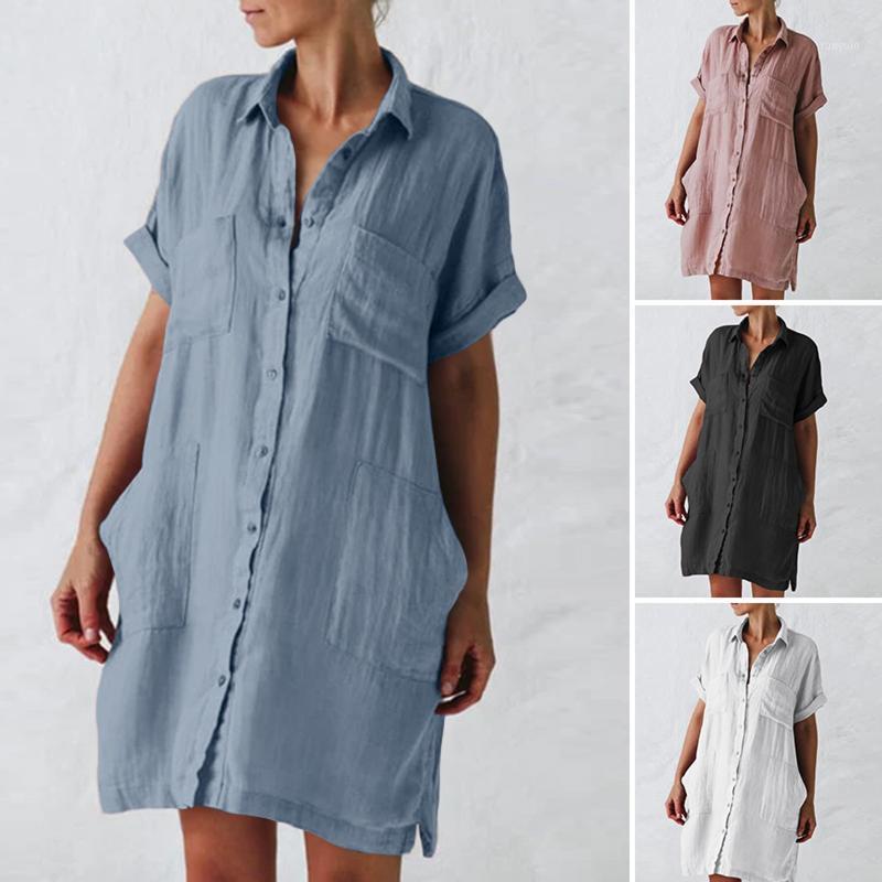 

Women Casual Blouse Skirts Ladies Solid Color Cotton Linen Short Sleeve Pocket Dress Female Loose Dresses Vestido De Mujer