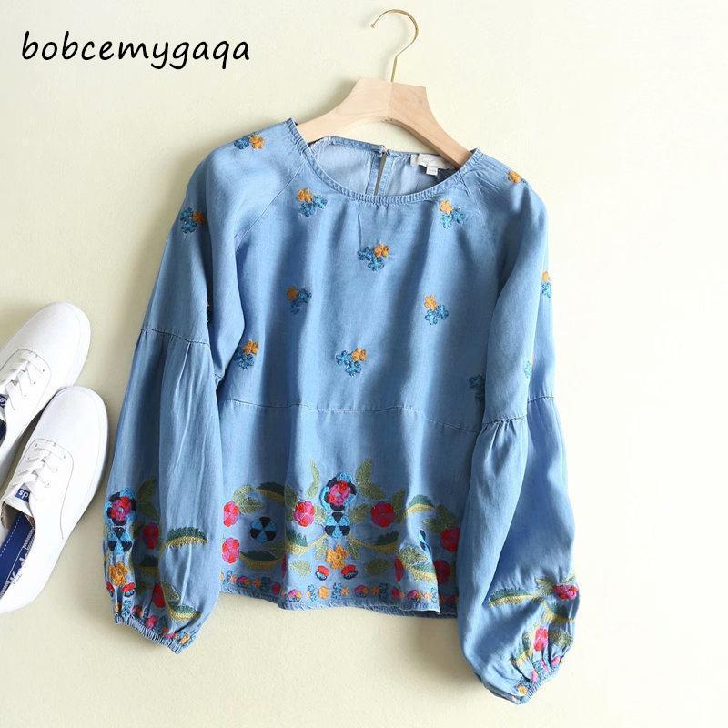 

Lantern Sleeves Denim Blouse Women Embroidery Soft Jeans Tops Cute Cotton Blusas Mujer Streetwear Multicolor Women' Blouses & Shirts, Dark blue