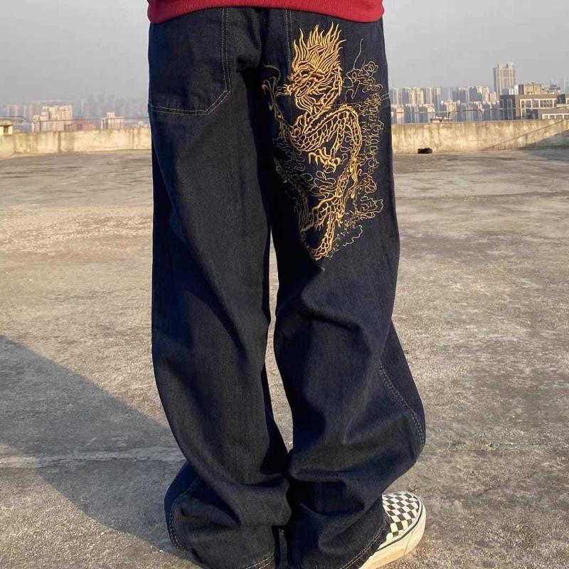 

Men' Jeans Feiernan Black Blue For Men Denim Floor-Length Hip Hop Pants Mid Waist Causal 2022 Embroidery Dragon FashionMen