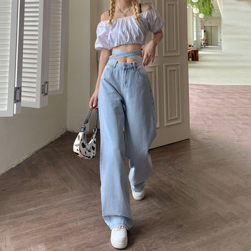 

Women' Jeans Denim Trousers Women Sexy Korean Version Retro Small Waist Light Blue Jeans Wome 220824