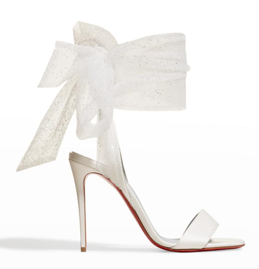 

Luxury Sandal designer shoes women high heel reds sole sandal Du Desert 100mm heeled White satin ankle strap wedding party dress with box