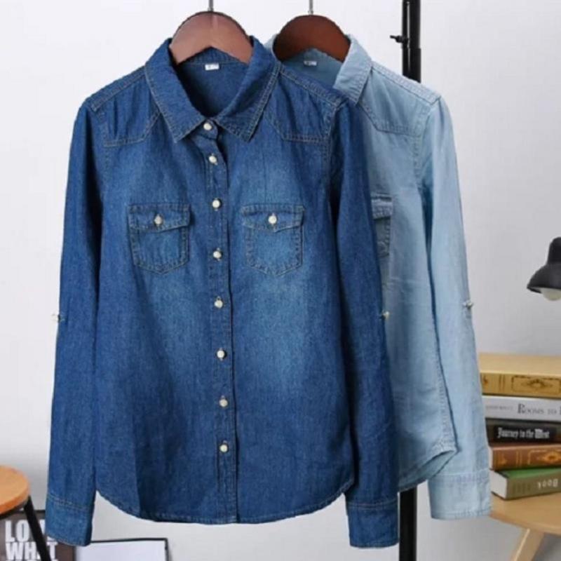

Women's Blouses & Shirts Plus Size 4XL 2022 Autumn Women Long Sleeve Denim Tops Casual Cotton Jean Blouse Turn-down Pockets, Light blue