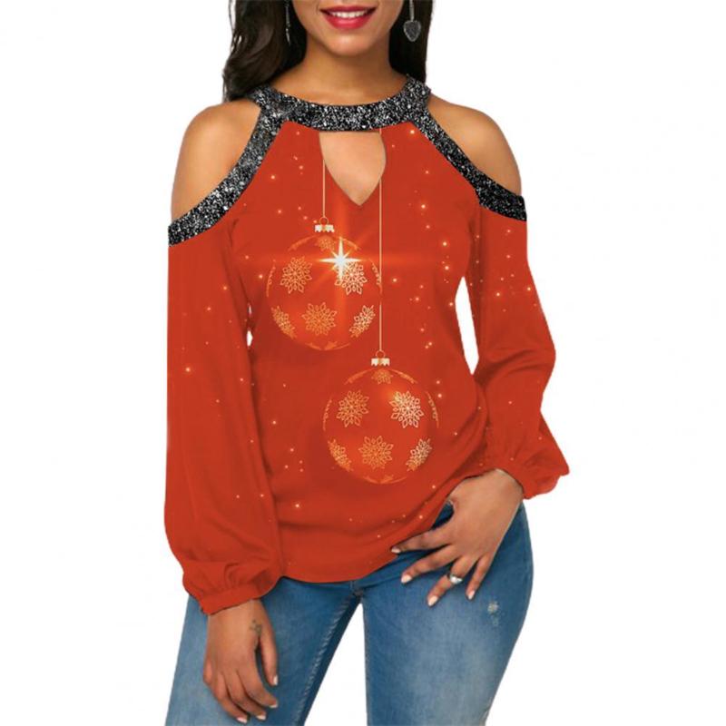 

Women's Blouses & Shirts Shiny Off Shoulder Hollow Out Women Blouse Golden Christmas Tree Print Pullover Clothing Top 2022