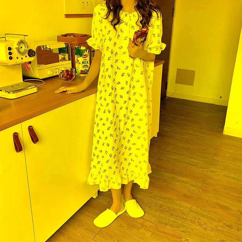 

Women's Sleepwear Ruffles Short Sleeve Nightgown Women Soft Print Homewear Loose Korean Chic Nightdress Crepe Gauze Cotton Dresses Y910Women, Apricot