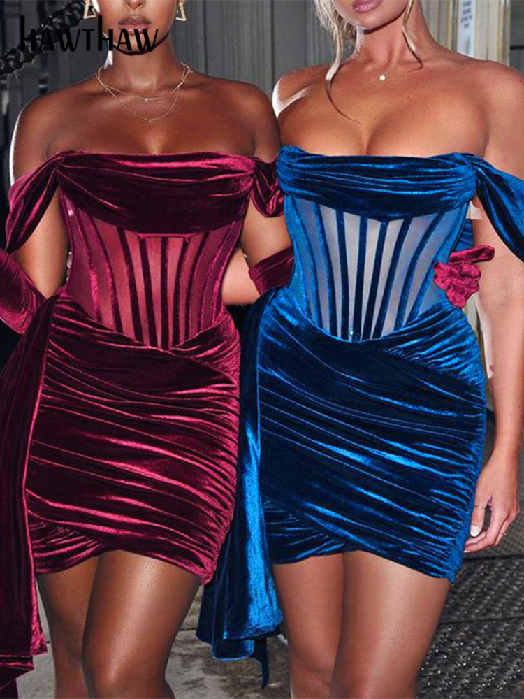 

Hawthaw Women Elegant Slash Neck Party Club Evening Bodycon Mesh Velvet Red Mini Dress 2022 Spring Autumn Clothes Wholesale Item, Blue