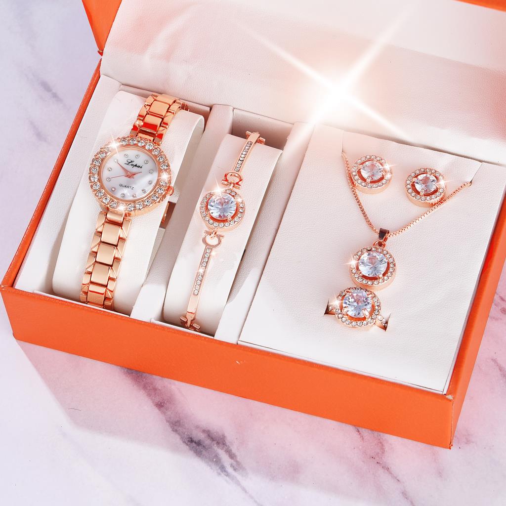 

Diamond Luxury Watch For Women Rose Gold Ladies Bracelet Necklace Earrings Rings 6pcs Set Quartz Clock Reloj Mujer, 285 c set