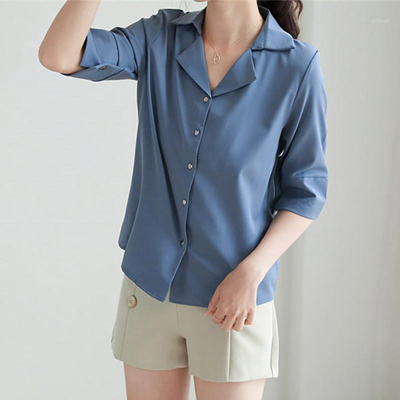 

Summer Women Shirt Chiffon Solid V-neck Half Sleeve Thin Casual Fashion Office Lady Female Blouse Girl Sweet All-match Tops Women' Blouses, Blue