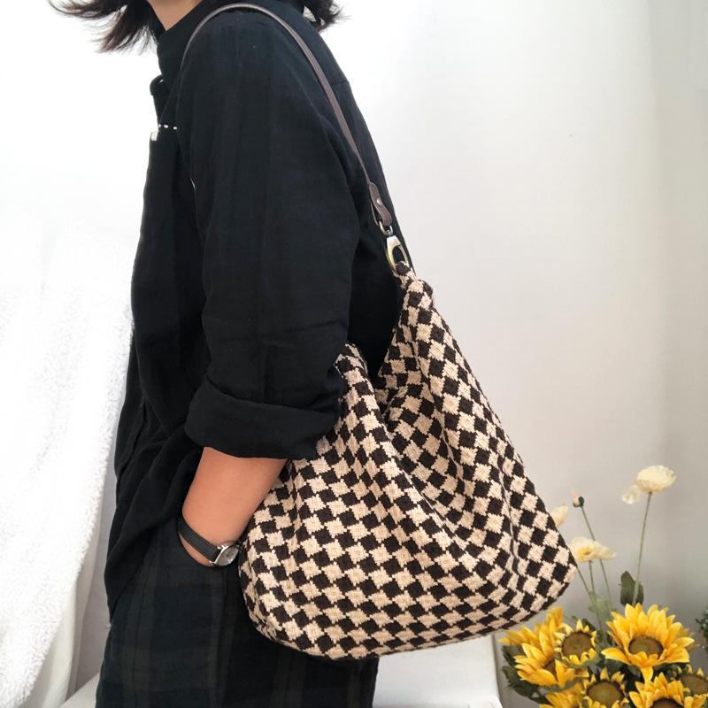 

Evening Bags Women Casual Vintage Crochet Cotton Hobo Handbag Female Ins Trends Knitted Checkerboard Plaid Everyday Slouchy Over Shoulder Ba, Black