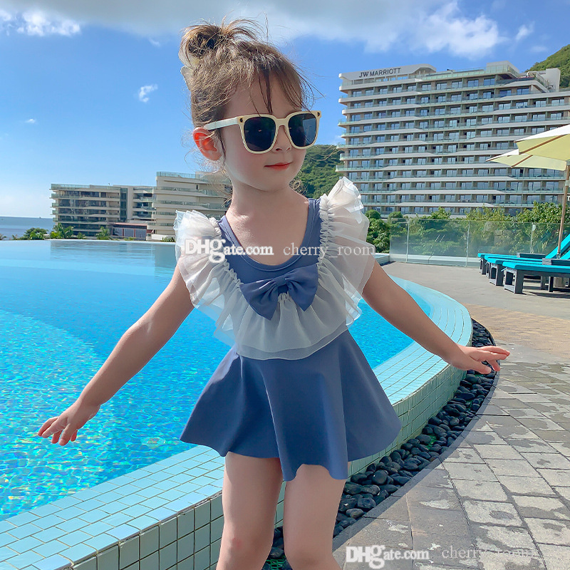 

Ins children bow one-piece swimsuit female baby girl fashion Lace Bowknot princess gauze skirt swimsuit kids summer backless Bathing Suits with hat S2047, Blue-s2045