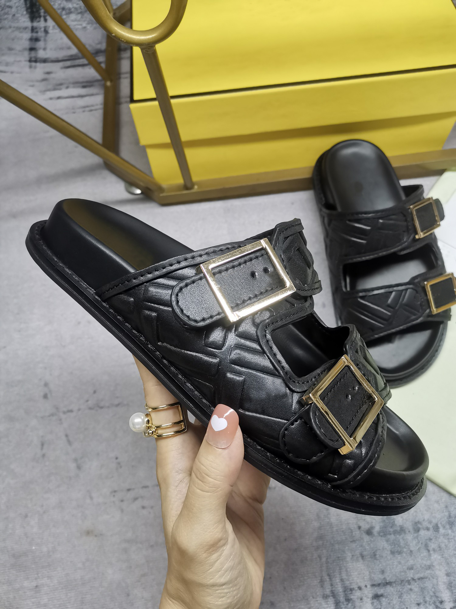 

Feel Slides Designer Explosion FF Sandals Leather Double F Slippers Fabric Slide Women Men Slipper Buckles Fashion Letters Calssic Shoes Top Quality Size 35-42, Customize