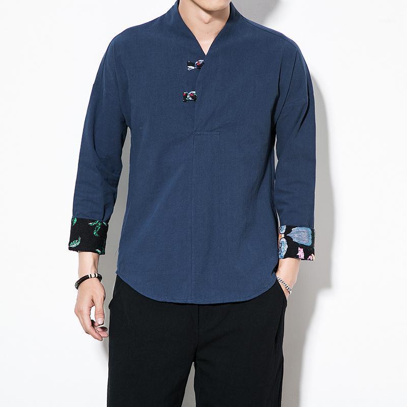 

5xl Plus Size Men Baggy Cotton Linen Shirt Solid Long Sleeve Two Button Retro Shirts Tops Autumn Spring Streetwear Clothes, Black linen shirts