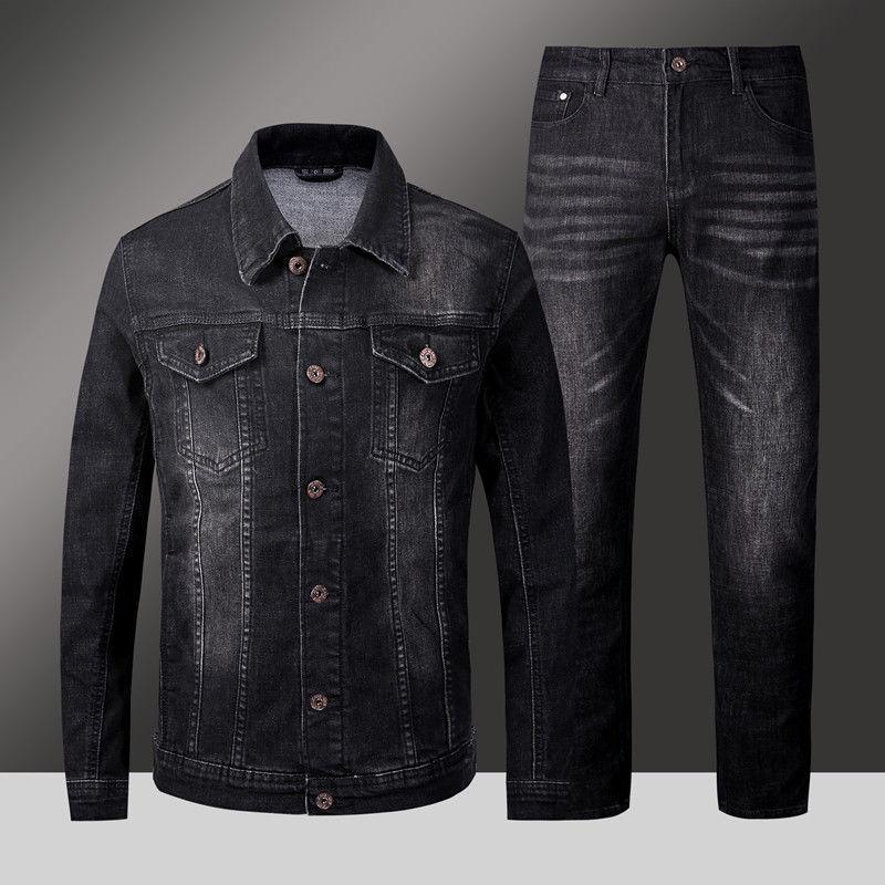 

Men's Tracksuits Punk Style Men Trend Jeans Sets Black Blue Long Sleeve Jacket Slim Cowboy Two Piece Casual Couple Male Denim Suits Size 5XL