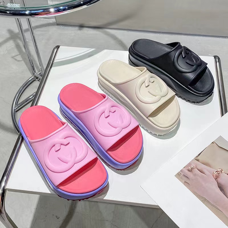 2022 New style Designer Slippers Fashion Thick bottom Sandals Letter Embroidery Slides lady Macaron Platform Wedges canvas Sandal Beach High heel