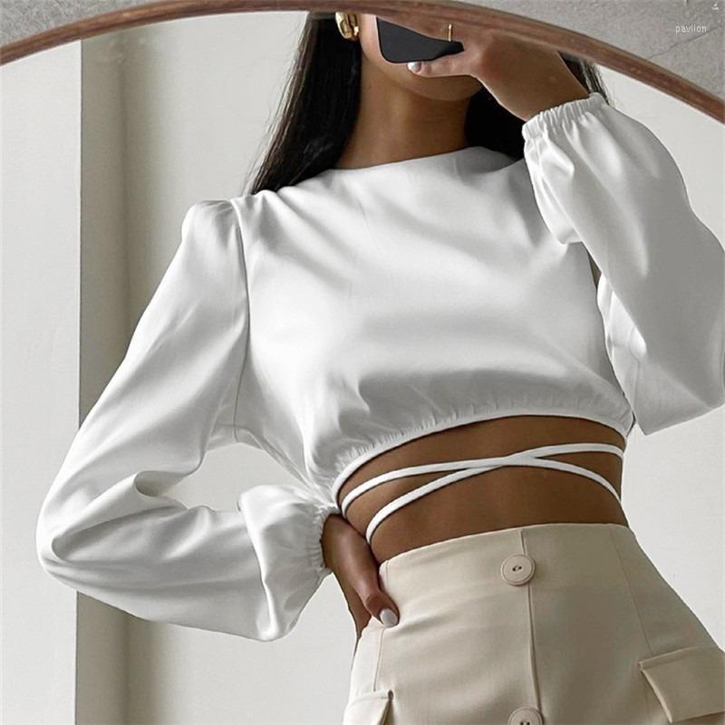 

Women' Blouses & Shirts Solid Bandage Lace Crop Shirt Women 2022 Lantern Sleeve Vintage Sexy Satin Blouse Elegant Loose Lady Tops Clothing, Black