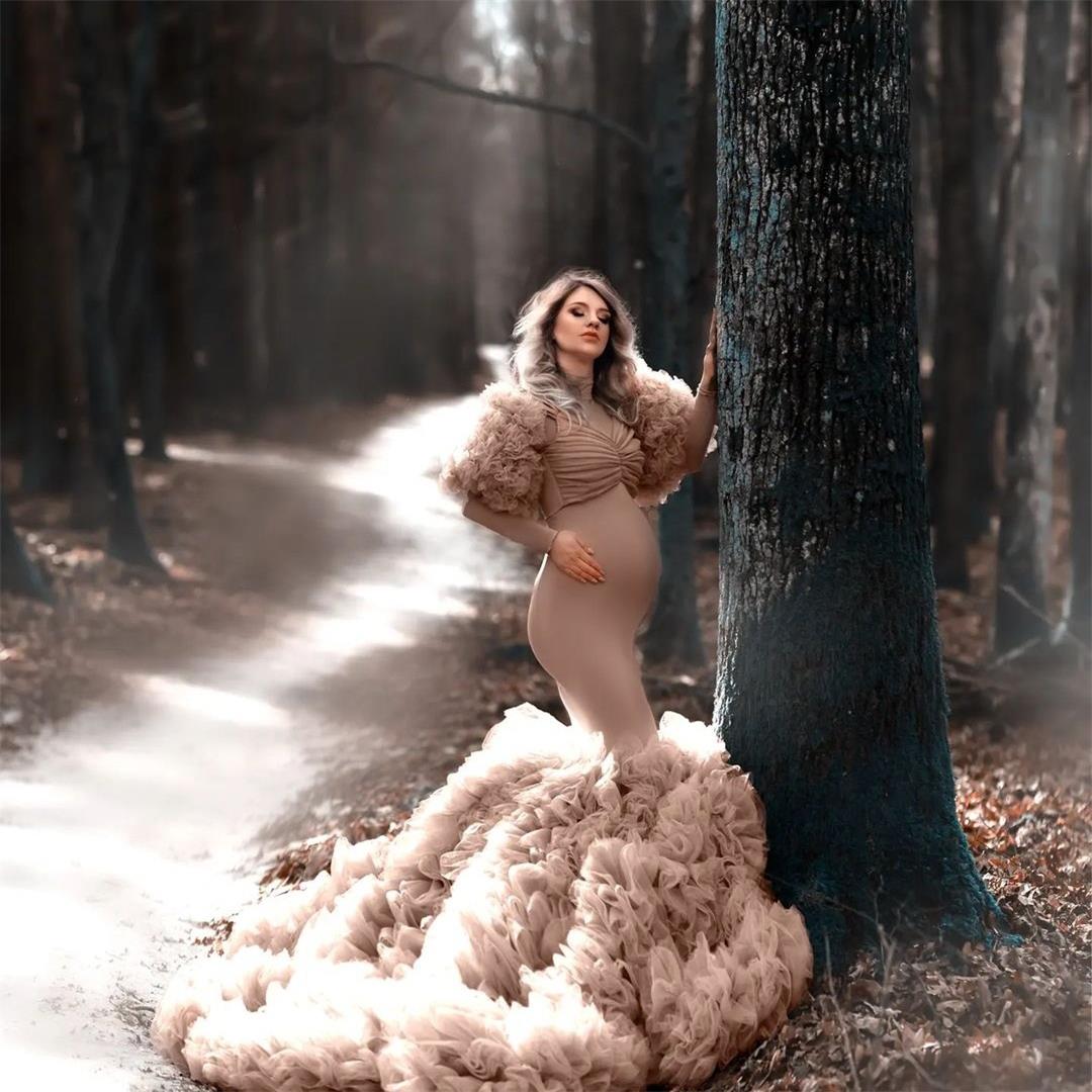 

Exquisite Prom Dresses for Women Mermaid Evening Gowns Ruffles Pleat Photoshooting Maternity Dress, Orange