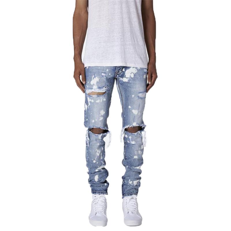 

Men's Jeans Men Distressed Snow Wash Paint Dot Design Pencil Pants Mens Fashion Slim Jean Knee Holes Denim Trousers Kot Pantolon, Blue