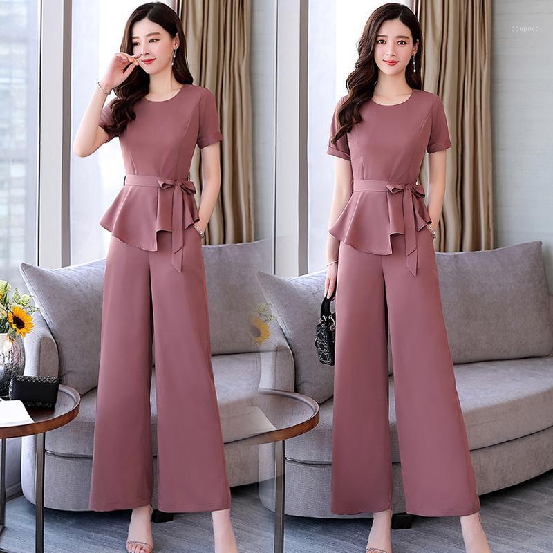 Deux pièces robe en mousseline de soie femmes tenues été pantalon à jambes larges femmes correspondant ensemble 2 bureau Ensemble Femme Deux pièc