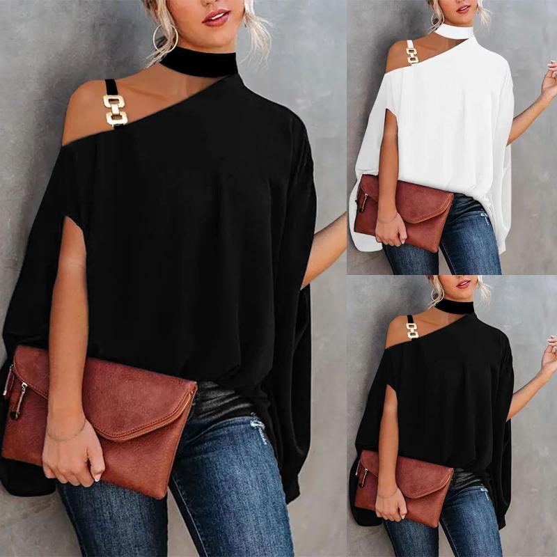 

Women's Blouses & Shirts Womens White V Neck Women Casual Solid Halter Button Strap Cold Shoulder Irregular Short Sleeves Shirt Blouse Spand, Black