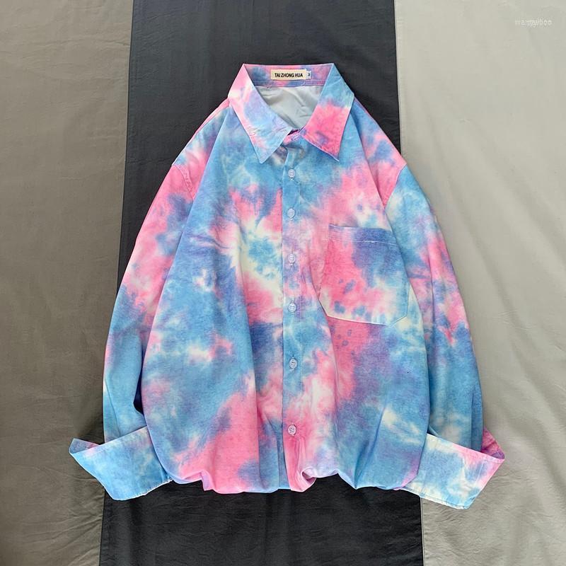 

Men's Casual Shirts Autumn Camo Shirt Men Fashion Tie Dyed Printing Hip Hop Streetwear Wild Loose Long-sleeved Male -2XL, Black