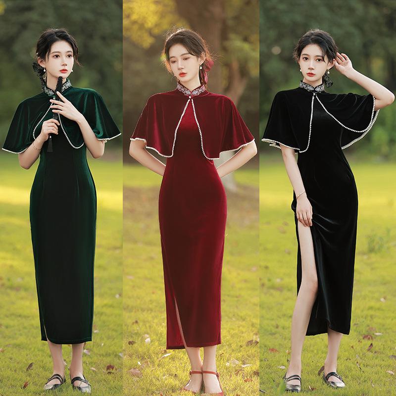 

Ethnic Clothing Velvet Fringed Pearl Shawl Cheongsam Suit Chinese Modern Traditional Long Dress Elegant Red Women Qipao Party Autumn Midi Dr