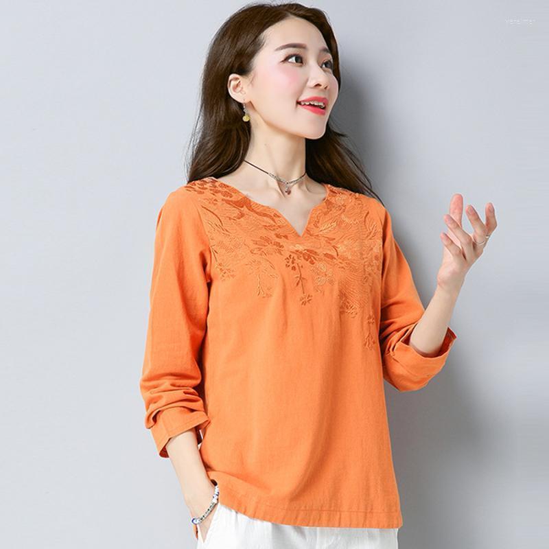 

Women's Blouses & Shirts Spring Fall Casual Women Loose Embroidery Long Sleeve Grey Orange Blue Linen Blouse XXL Female Woman ShirtWomen's V