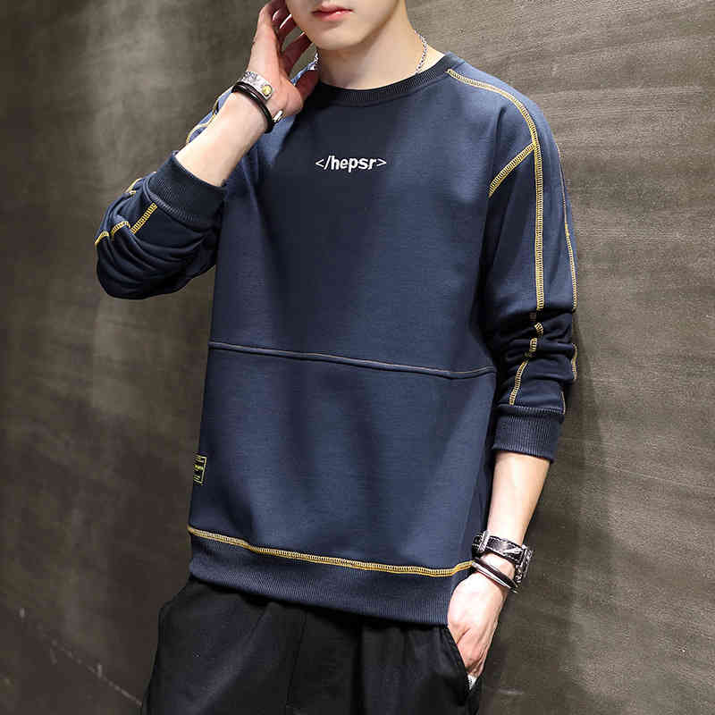 

2022 Spring and Autumn New Round Neck Sweater Men's Korean Loose Large Size Trend Casual Long Sleeve T-shirt Men, Black
