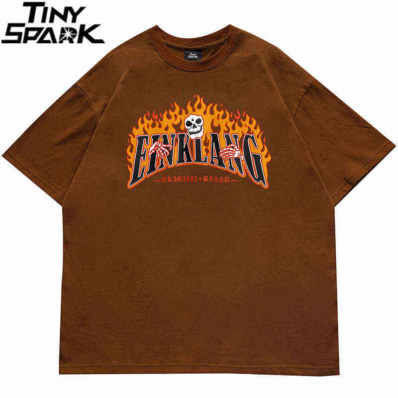 

Hip Hop Streetwear Tshirt Fire Flame Skull Printed Tshirt Harajuku Cotton Casual Tshirt 2022 Summer Short Sleeve Tops tees J220727, A244t523 khaki