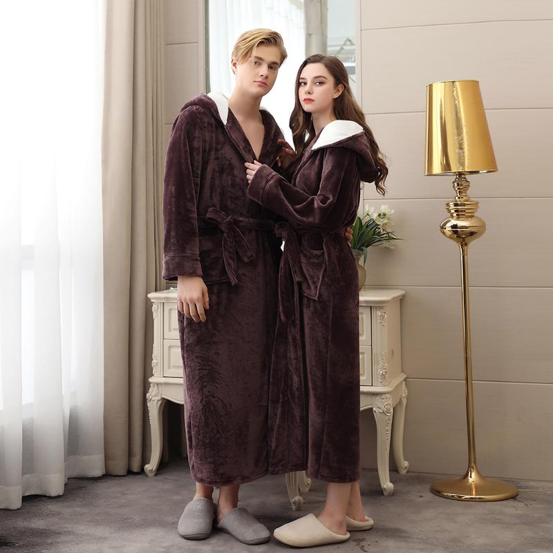 

Men's Sleepwear Autumn Winter Flannel Robes For Men Double Layers Hooded Robe Bath Couple Warm Thicken Plus Size Bathrobe Female Bride Night
