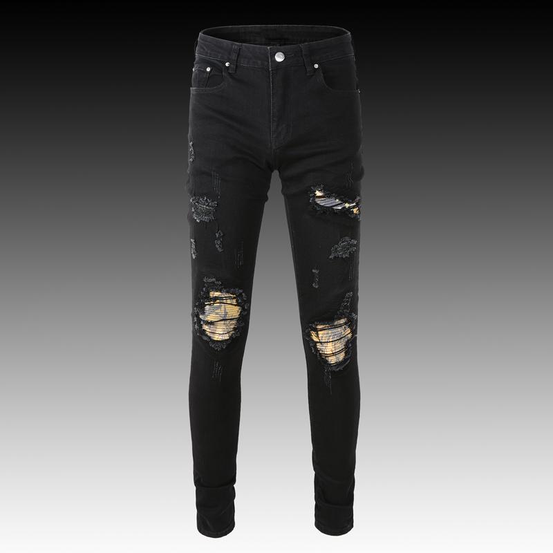 

Men's Jeans Streetwear Fashion Men Black Elastic Slim Fit Destroyed Ripped Patch Designer Brand Hip Hop Denim Pants HombreMen's