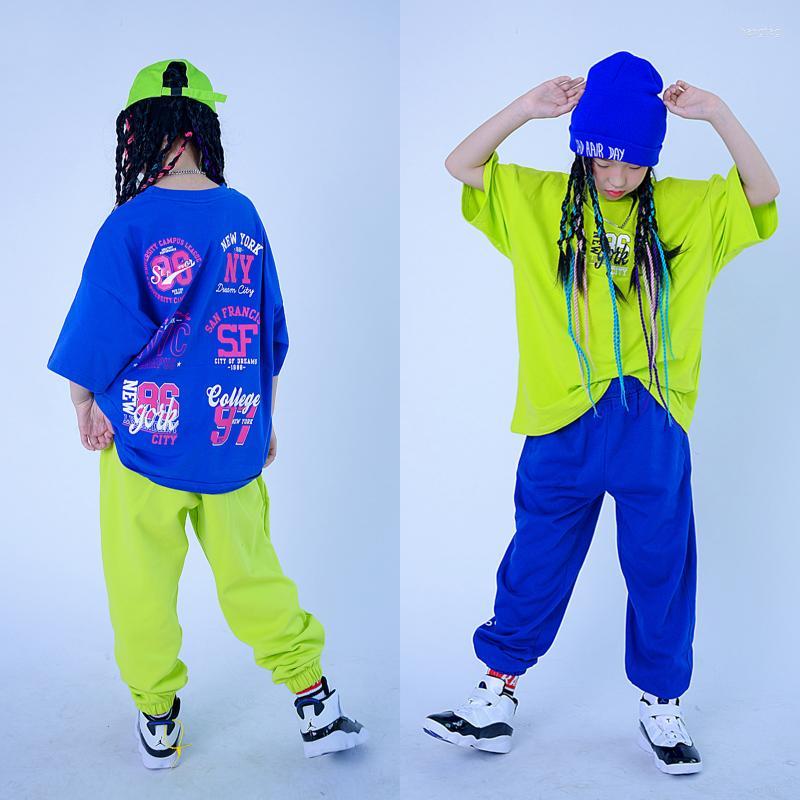 

Stage Wear Children Ballroom Hip Hop Dance Costumes Short Sleeve Loose Tops Hiphop Pants Jazz Street Performance Clothes DQS6975Stage, Green top