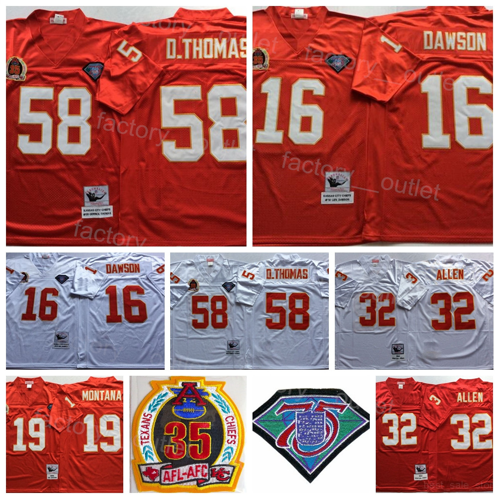 

Throwback Mitchell and Ness Football Vintage 58 Derrick Thomas Jersey 1994 75th 35th Anniversary 19 Joe Montana 32 Marcus Allen 16 Len Dawson Stitched Red White ncaa
