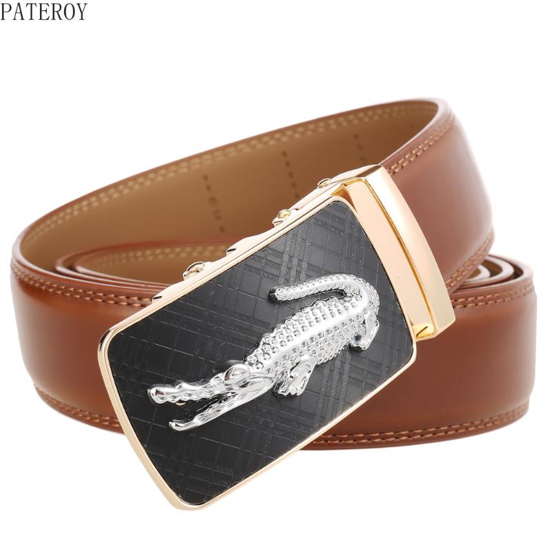 

Belts High Quality Men Leather Belt Genuine Waistband Fashion Designer Automatic Buckle Crocodile Strap Brown 130 Cm Gift, Black