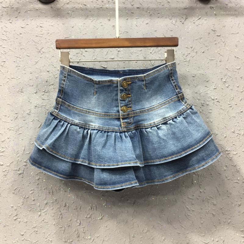 

Skirts 2022 Spring Summer Fashion Women High Waisted Bleached Ruffled Blue Denim Skirt , Woman Korean Style Jeans, Dark blue
